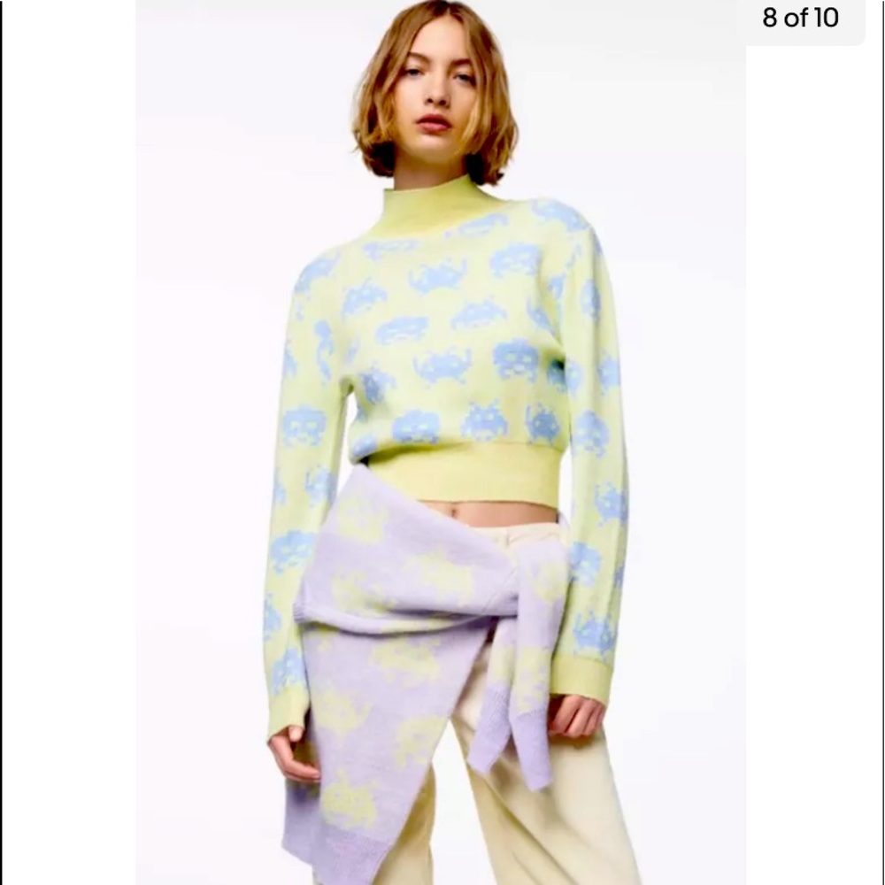 Zara Women  Lime Green Cropped  Jacquard Space Invaders Taito Sweater  M